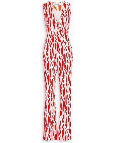 Diane von Furstenberg Terria Wrap-effect Printed Jersey Wide-leg Jumpsuit - Red