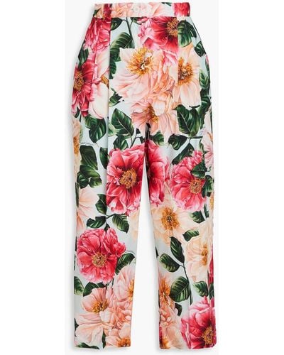 Dolce & Gabbana Cropped Floral-print Cotton-poplin Wide-leg Trousers - Red
