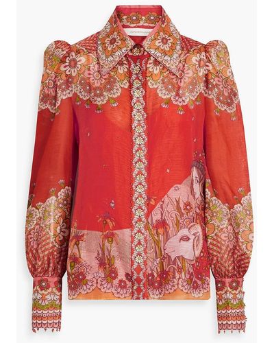 Zimmermann Embellished Printed Linen And Silk-blend Shirt - Red