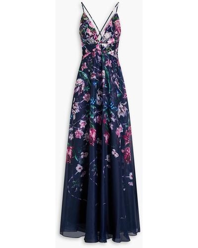 Marchesa Tulle-paneled Embroidered Floral-print Charmeuse Gown - Blue