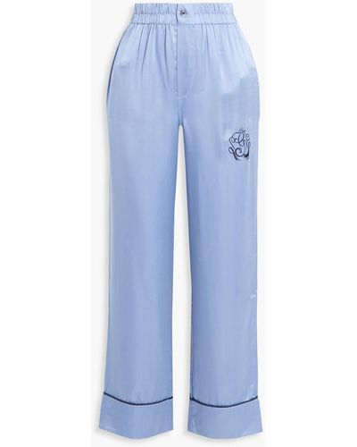 Ganni Embroidered Modal And Silk-blend Satin Pyjama Pants - Blue
