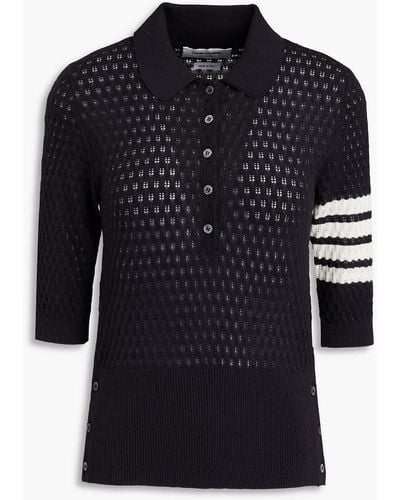 Thom Browne Pointelle-knit Cotton And Silk-blend Polo Shirt - Black