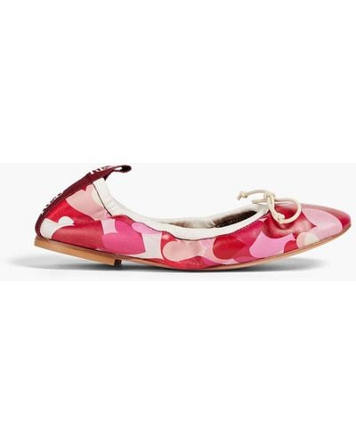 Red(V) Bow-detailed Printed Leather Ballet Flats - Red
