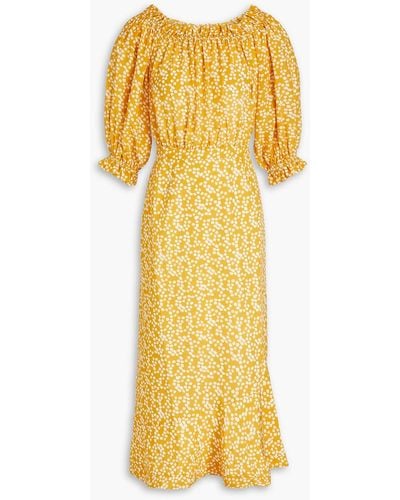 Saloni Grace Off-the-shoulder Printed Silk Crepe De Chine Midi Dress - Yellow