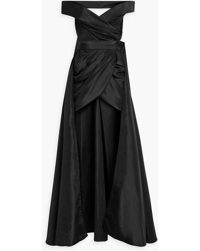 Rhea Costa Convertible Off-the-shoulder Draped Satin Gown - Black