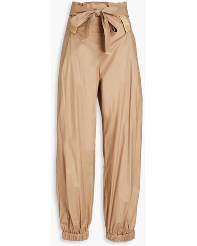 Emporio Armani Belted Pleated Cotton-blend Tapered Pants - Natural
