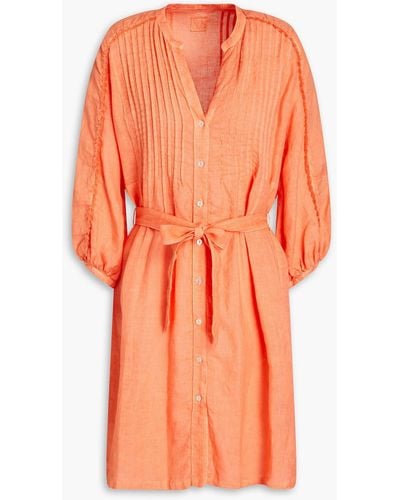 120% Lino Pintucked Linen Mini Shirt Dress - Orange