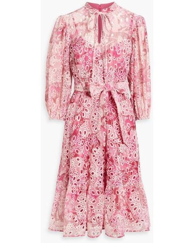 Mikael Aghal Ruffled Printed Broderie Anglaise Midi Dress - Pink
