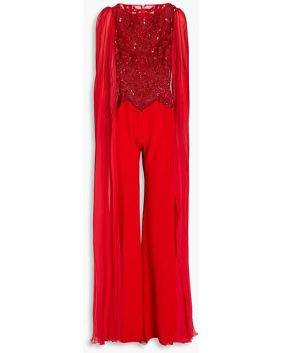 Zuhair Murad Embellished Draped Tulle-paneled Crepe Jumpsuit - Red