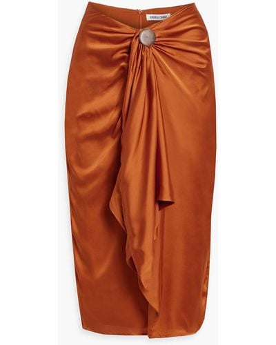 Andrea Iyamah Draped Button-embellished Satin Midi Skirt - Orange