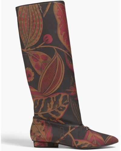 Ferragamo Embellished Floral-print Faux Leather Boots - Brown