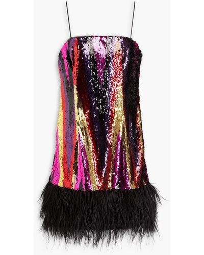 Rebecca Vallance Feather-trimmed Sequined Mesh Mini Dress - Red