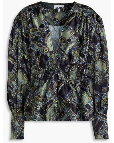 Ganni Bluse aus satin in knitteroptik mit paisley-print - Schwarz