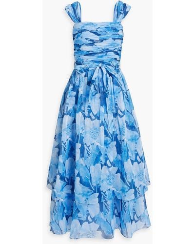 Mikael Aghal Ruched Tiered Floral-print Organza Midi Dress - Blue