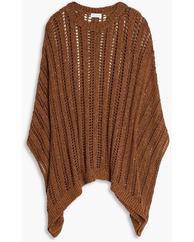 Brunello Cucinelli Bead-embellished Open-knit Cotton-blend Poncho - Brown