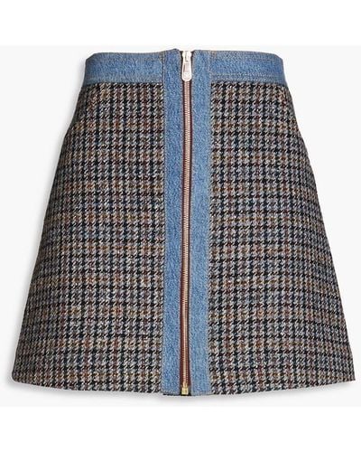 Sandro Mary Jane Denim-trimmed Checked Tweed Mini Skirt - Blue