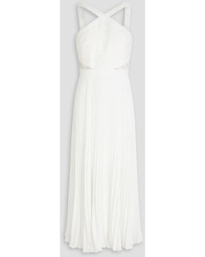 ML Monique Lhuillier Guipure Lace-paneled Pleated Crepe Midi Dress - White