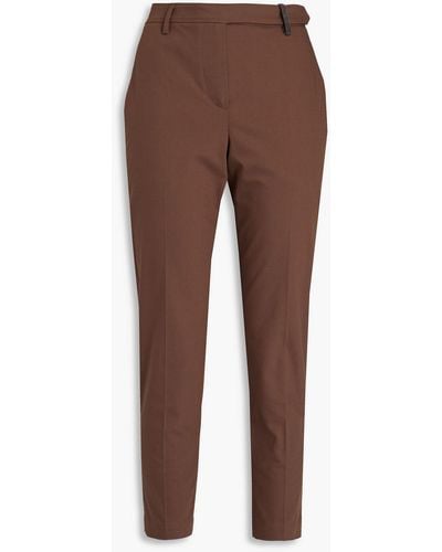Brunello Cucinelli Cropped Bead-embellished Stretch-cotton Tapered Pants - Brown
