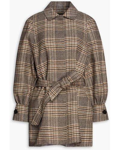 Maje Belted Checked Wool-blend Coat - Brown