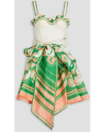 Zimmermann Belted Printed Linen And Silk-blend Mini Dress - Green
