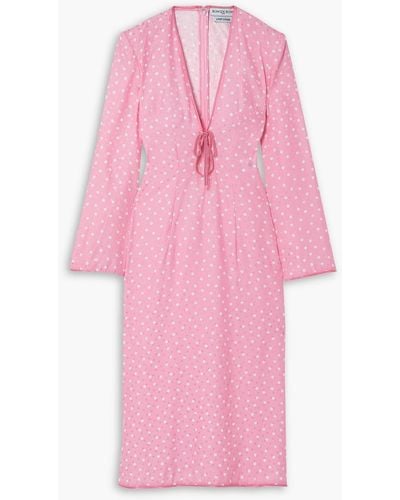 ROWEN ROSE Tie-detailed Printed Silk Midi Dress - Pink