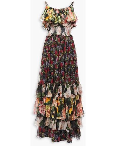 Dolce & Gabbana Tiered Shirred Floral-print Silk-voile Maxi Dress - Black
