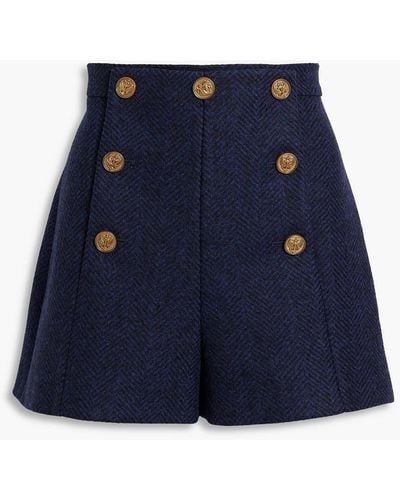 RED Valentino Button-detailed Herringbone Wool-tweed Shorts - Blue