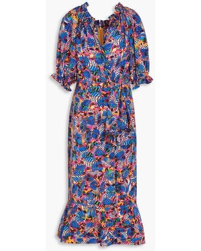 Saloni Olivia Bow-embellished Printed Silk Crepe De Chine Midi Dress - Blue