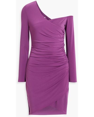 Halston Off-the-shoulder Ruched Jersey Mini Dress - Purple