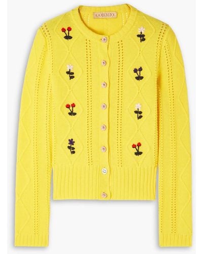 Cormio Oma Embroidered Cable-knit Wool Cardigan - Yellow