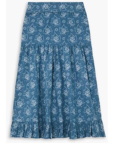BATSHEVA Natasha Tiered Floral-print Cotton-poplin Midi Skirt - Blue