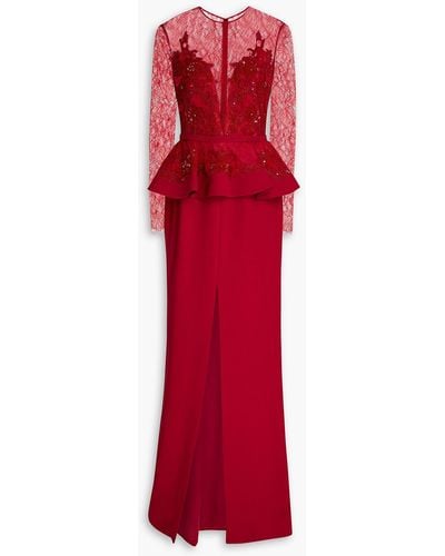 Zuhair Murad Embellished Chantilly Lace-paneled Silk-blend Crepe Gown - Red