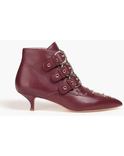 Red(V) Studded Leather Ankle Boots - Red