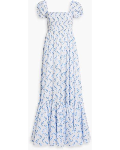 Caroline Constas Gianna Shirred Floral-print Cotton-blend Poplin Maxi Dress - Blue