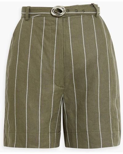 Nicholas Lavinia Belted Striped Linen-blend Shorts - Green