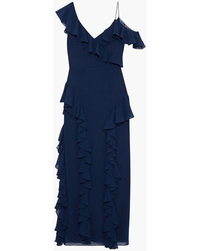 Mikael Aghal Cold-shoulder Ruffled Georgette Gown - Blue
