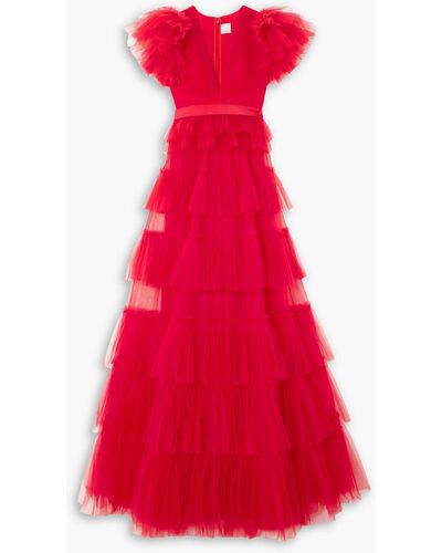 Huishan Zhang Nicolette Grosgrain-trimmed Tie Ruffled Plissé-tulle Gown - Red