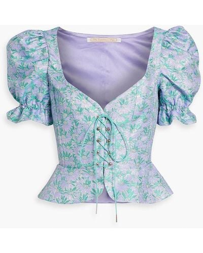 The Vampire's Wife The Anne Of Cleves Lace-up Metallic Floral-jacquard Peplum Top - Blue