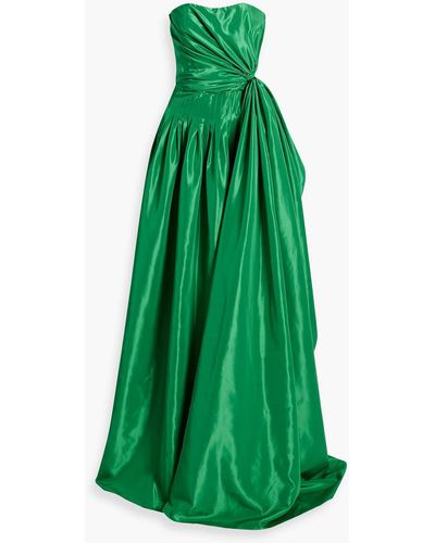 Rhea Costa Strapless Pleated Taffeta Gown - Green