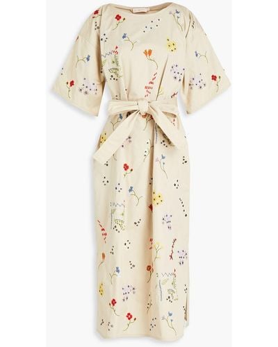 Tory Burch Belted Embellished Cotton-twill Midi Dress - Natural