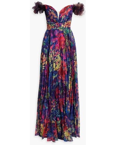 Marchesa Off-the-shoulder Pleated Floral-print Chiffon Gown - Purple