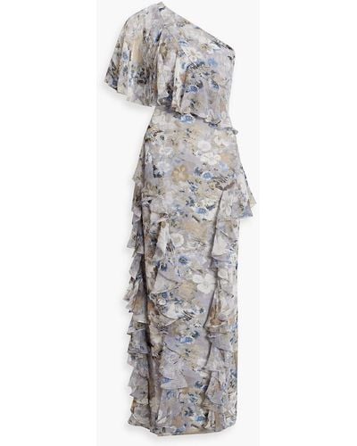 Mikael Aghal One-shoulder Ruffled Floral-print Chiffon Gown - Gray