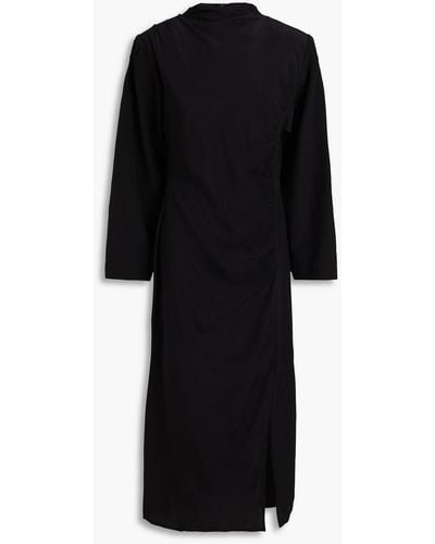 Envelope Ruched Silk Crepe De Chine Midi Dress - Black