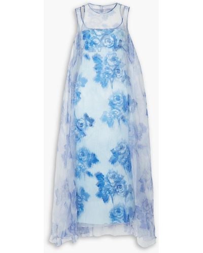 Emilia Wickstead Selina Floral-print Silk-organza And Taffeta Gown - Blue