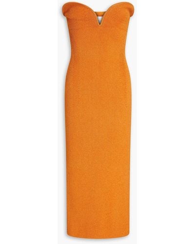 Galvan London Strapless Ribbed-knit Midi Dress - Orange