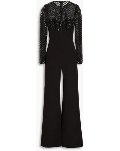 Halston Jac Sequin-embellished Tulle-paneled Crepe Jumpsuit - Black