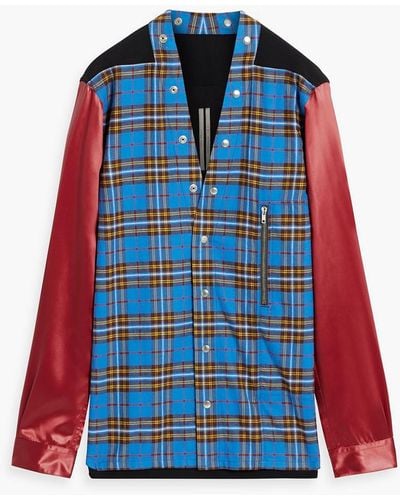 Rick Owens Larry Satin And Crepe-paneled Checked Cotton-flannel Shirt - Blue