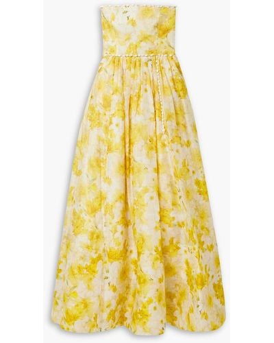Zimmermann Strapless Embellished Linen And Silk-blend Gown - Yellow