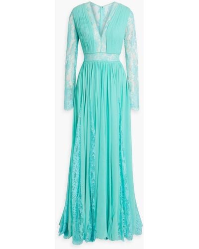 Zuhair Murad Gathered Silk-blend Chiffon And Lace Gown - Blue