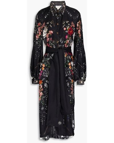 Camilla Crystal-embellished Printed Silk-twill Midi Shirt Dress - Black